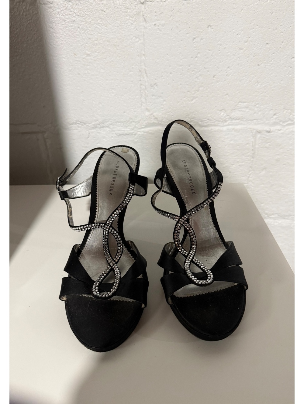 Audrey Brooke black satin rhinestone accented 4.5” high heels pumps party shoes